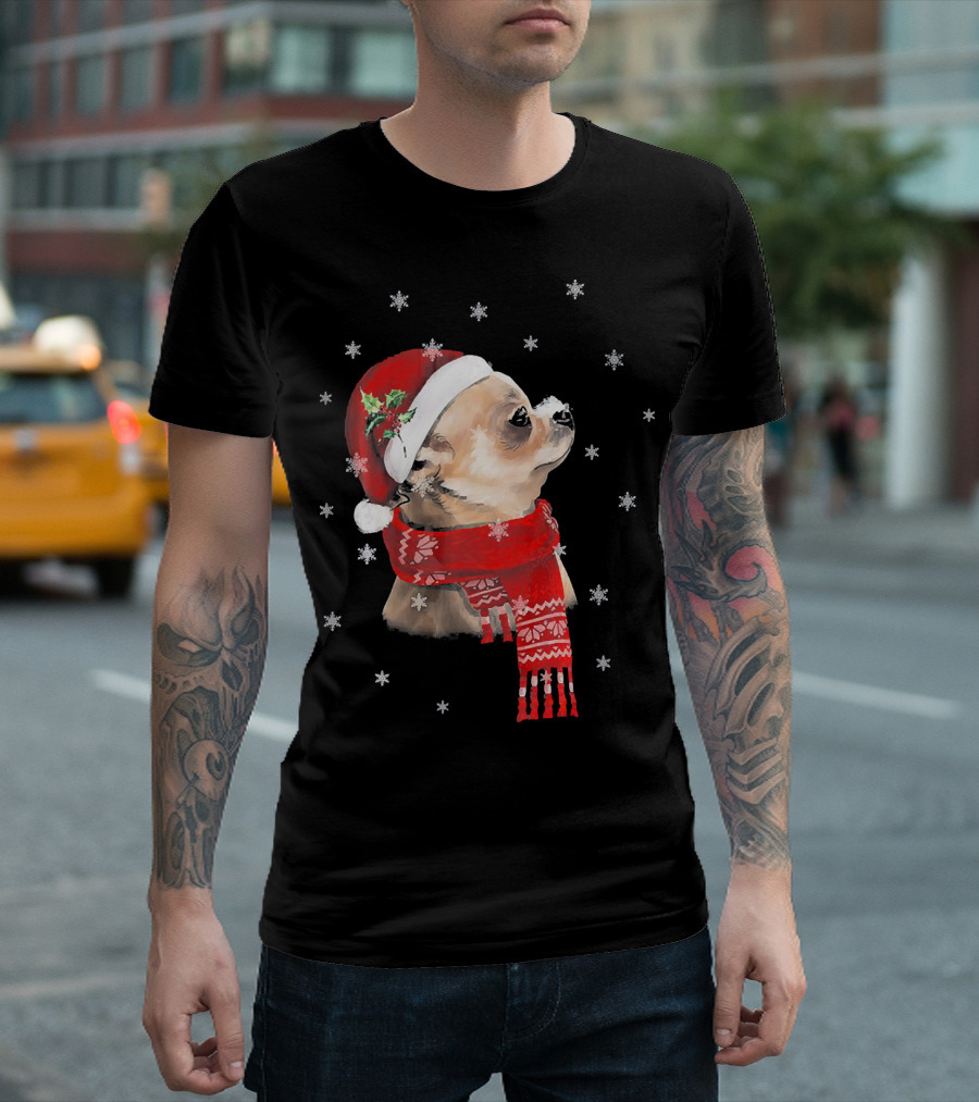 Chihuahua Christmas Cute Chihuahua Lover Festive Santa Hat and Scarf Snowflakes T-Shirt