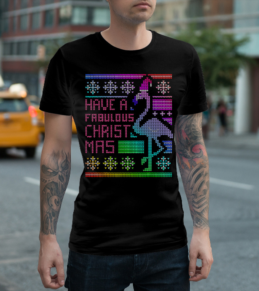 Have a Fabulous Christmas Flamingo Ugly Christmas Rainbow T-Shirt