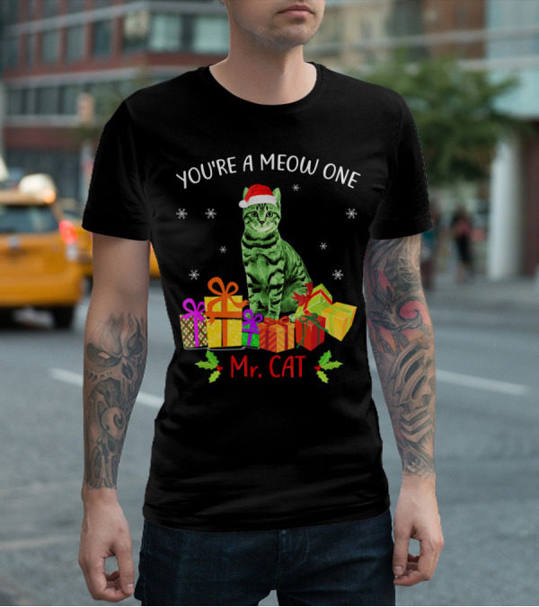YOU'RE A MEOW ONE MR. CAT CHRISTMAS HOLIDAY WITH PRESENTS AND SANTA HAT T-Shirt