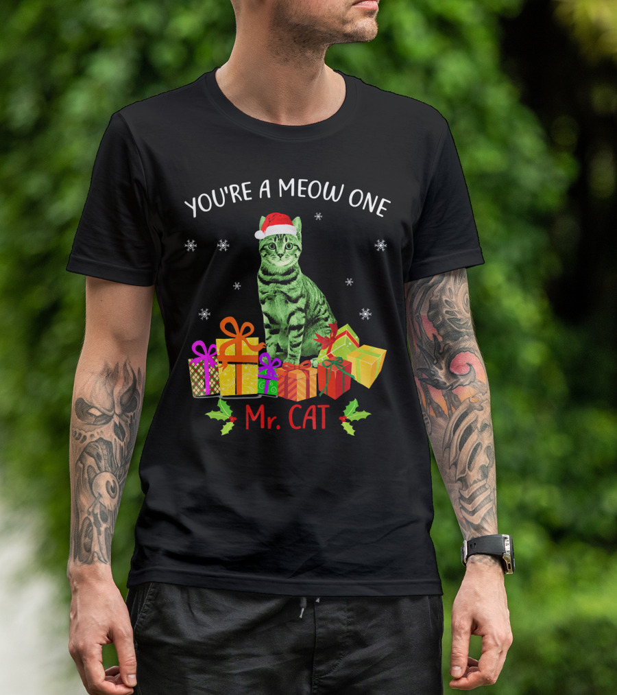 You're A Meow One Mr. Cat Christmas Holiday With Presents And Santa Hat T-Shirt