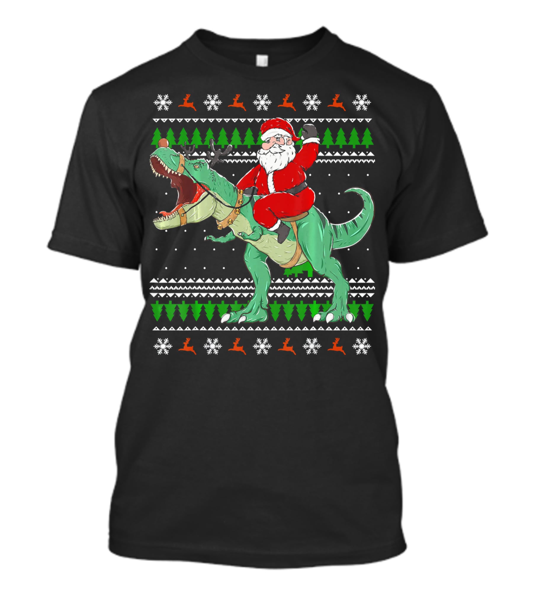 Santa Riding Dino Ugly Christmas Sweater With Snowflakes And Reindeer T-Shirt