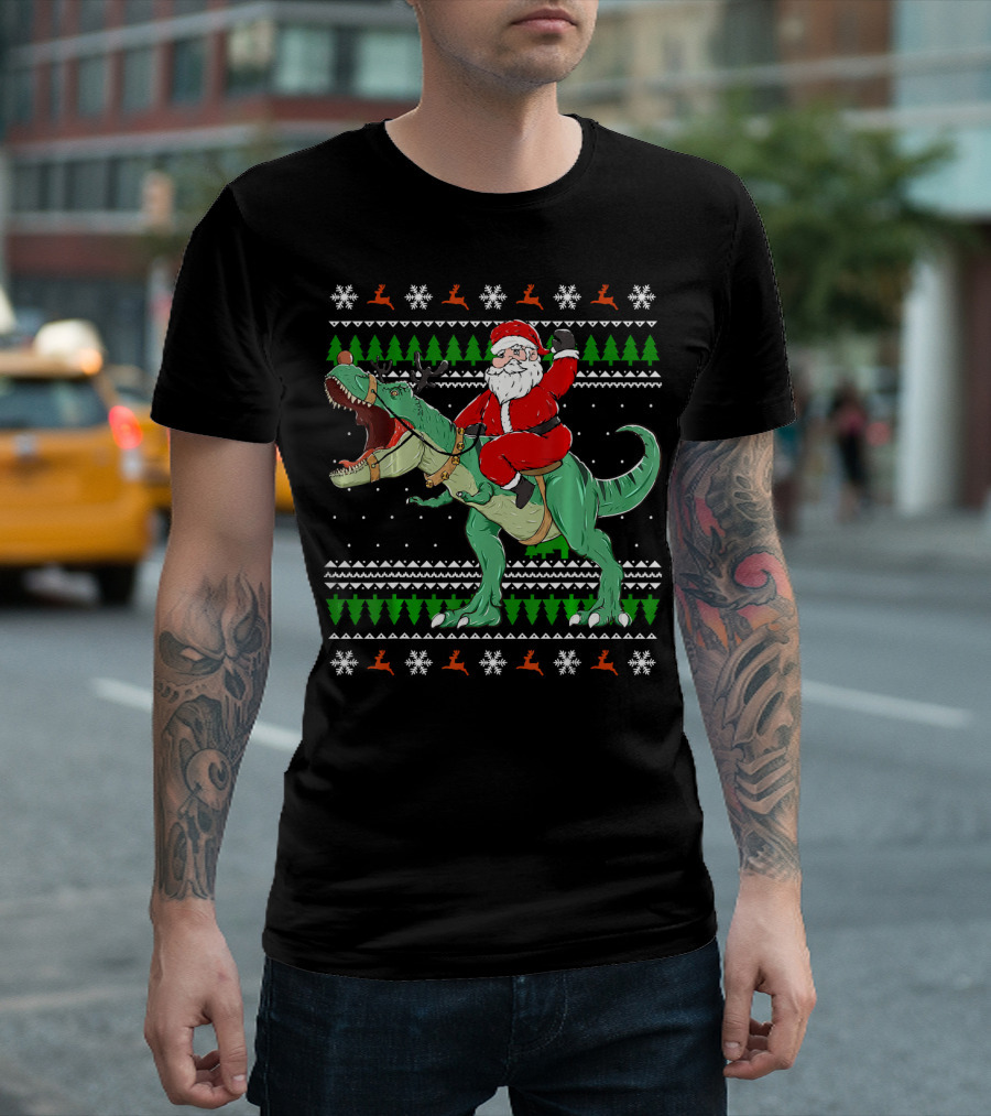 Santa Riding Dino Ugly Christmas Sweater with Snowflakes and Reindeer T-Shirt