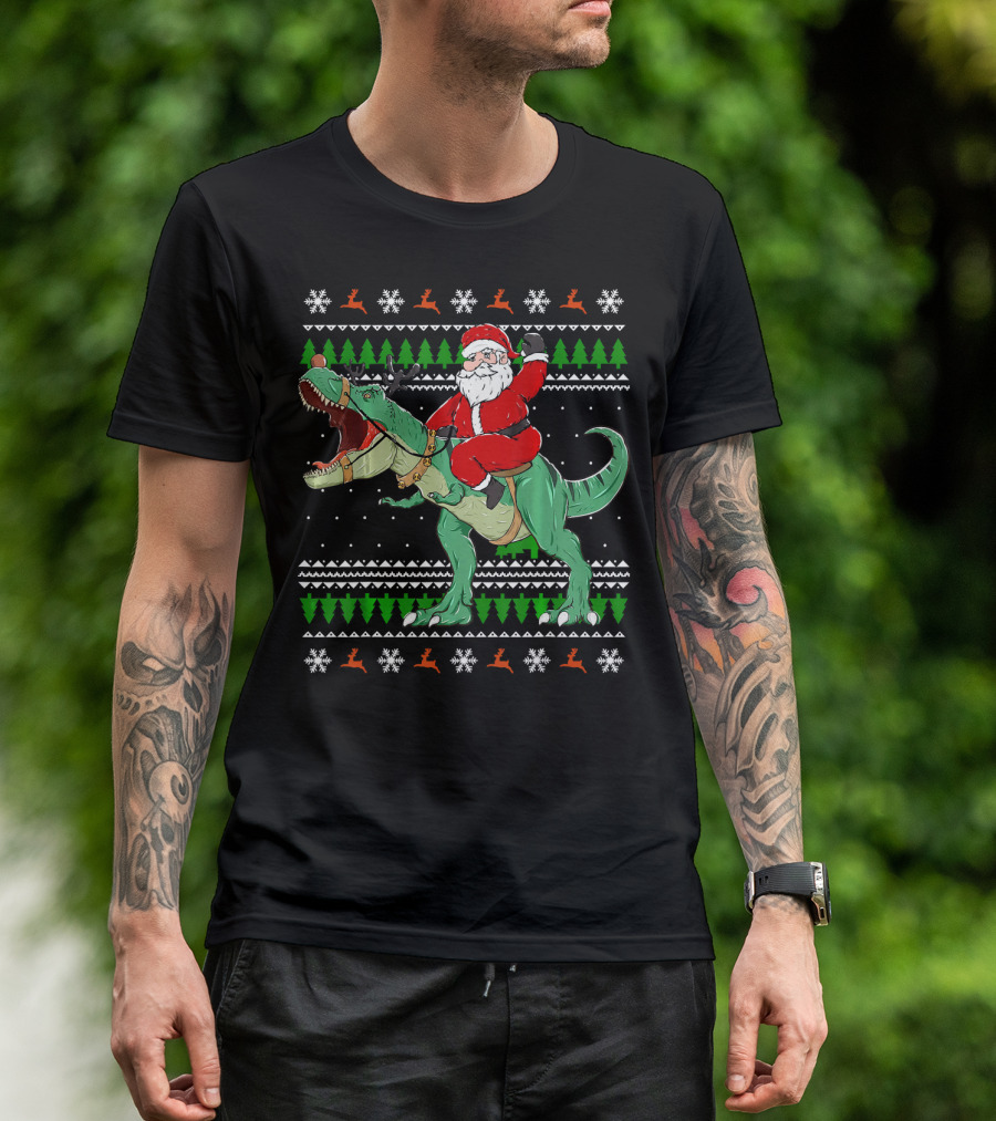 Santa Riding Dino Ugly Christmas Sweater With Snowflakes And Reindeer T-Shirt