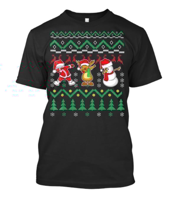 Santa Reindeer Snowman Dabbing Christmas T-Shirt