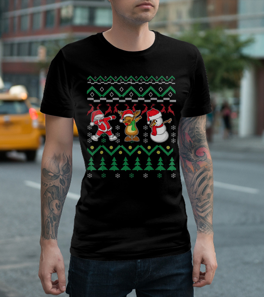Santa Reindeer Snowman Dabbing Christmas T-Shirt