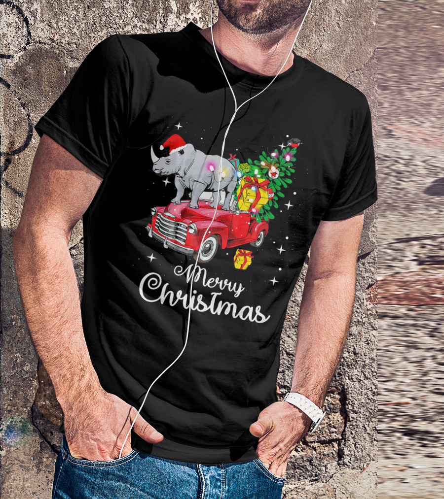 Merry Christmas Rhino Santa Hat On Red Truck With Christmas Tree And Gifts T-Shirt