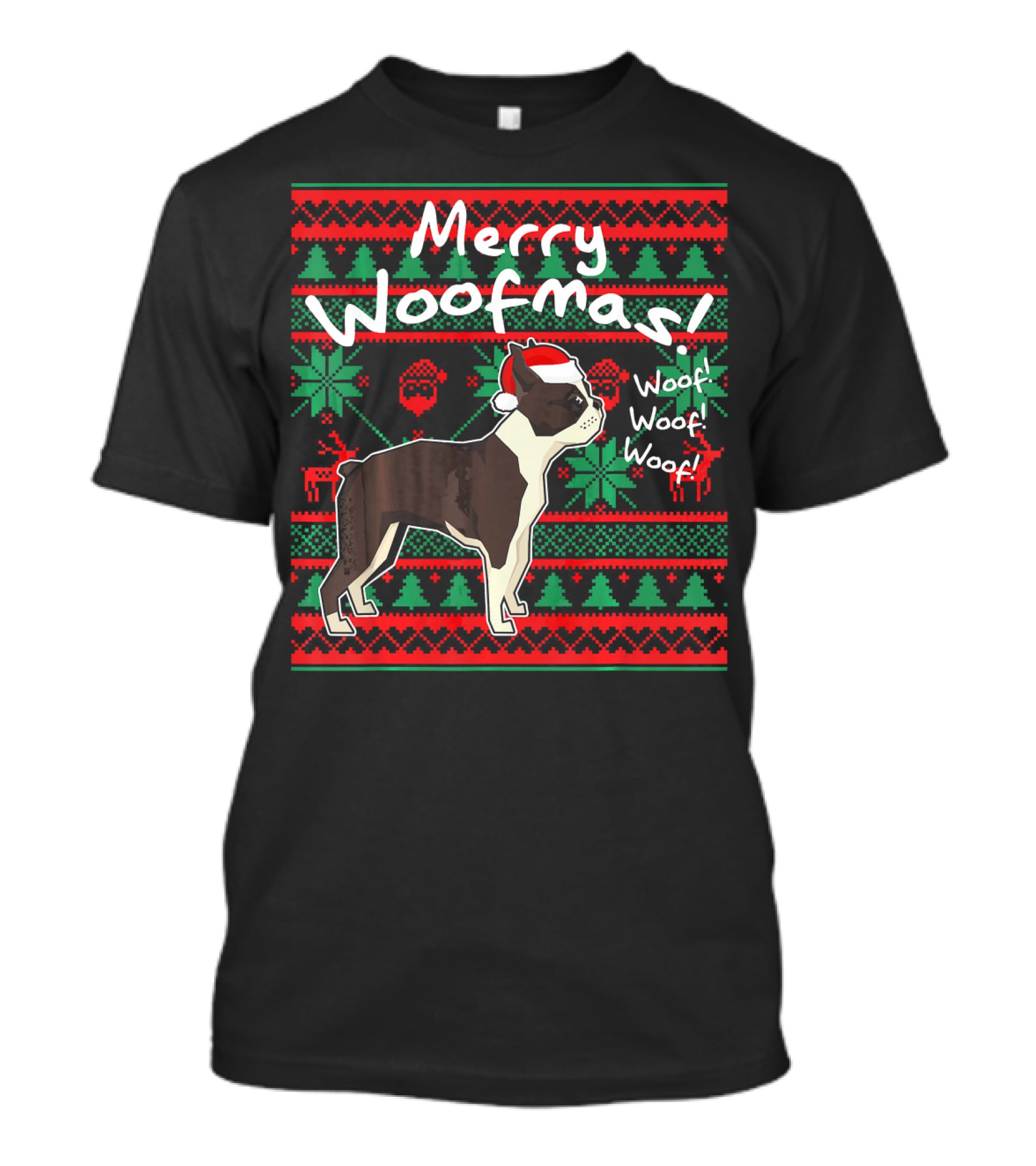 Merry Woofmas Boston Terrier Woof Woof Santa Hat Christmas T-Shirt