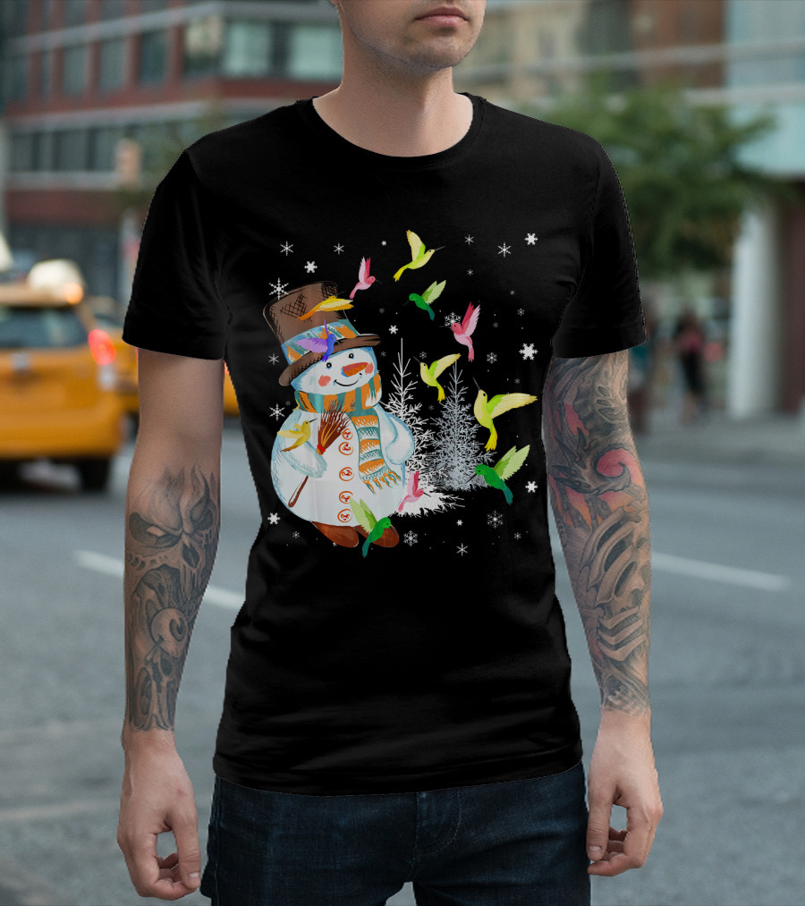 Merry Hummingbird Snowman with Colorful Birds and Snowflakes T-Shirt