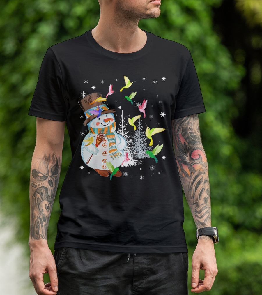 Merry Hummingbird Snowman With Colorful Birds And Snowflakes T-Shirt