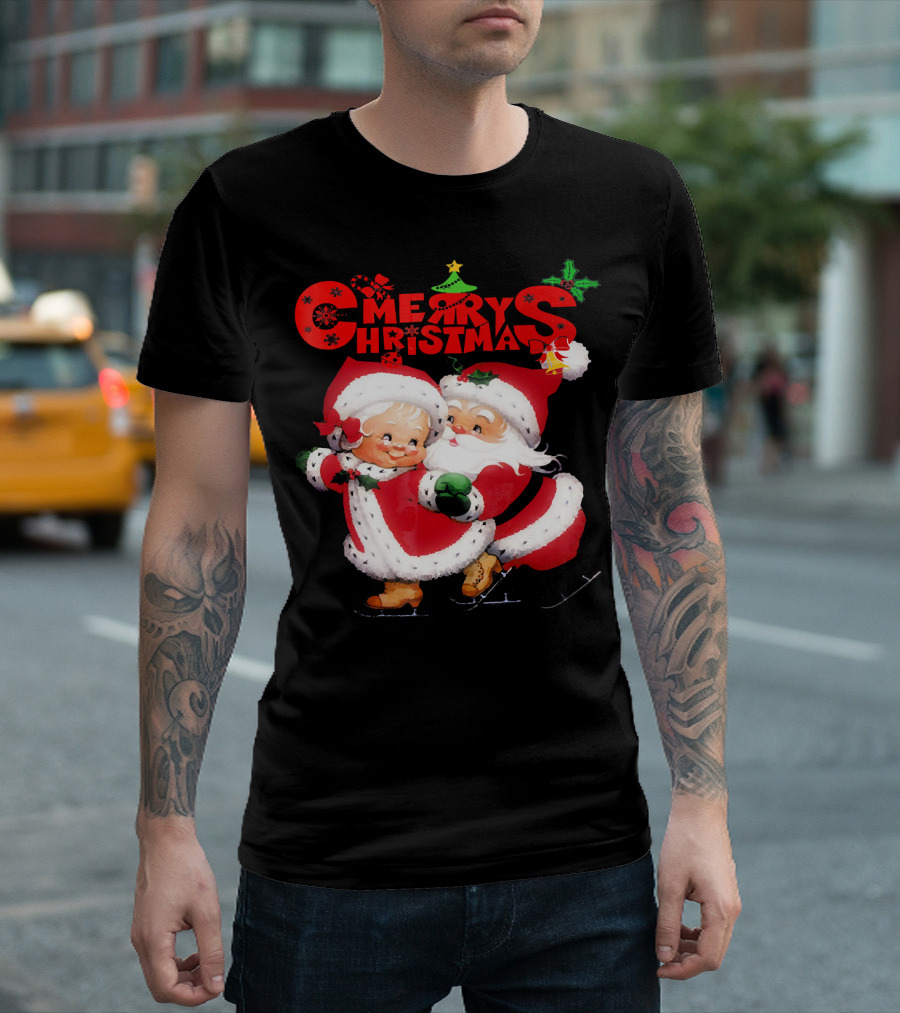 Merry Christmas Cute Mrs Claus and Santa Skating T-Shirt