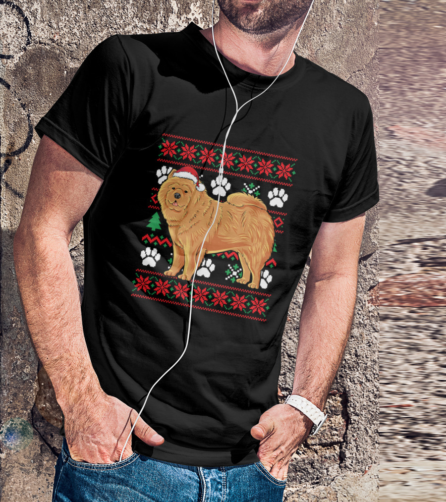 Chow Chow Ugly Christmas Sweater With Santa Hat And Paw Prints T-Shirt