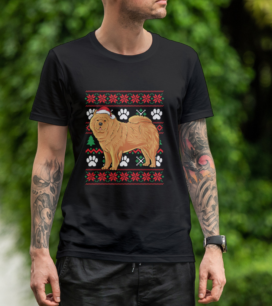Chow Chow Ugly Christmas Sweater With Santa Hat And Paw Prints T-Shirt