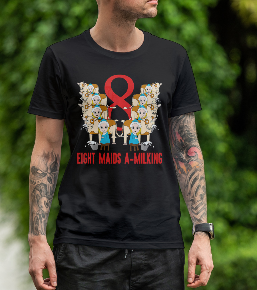 Eight Maids A-Milking Cows With Red Ribbon Background T-Shirt