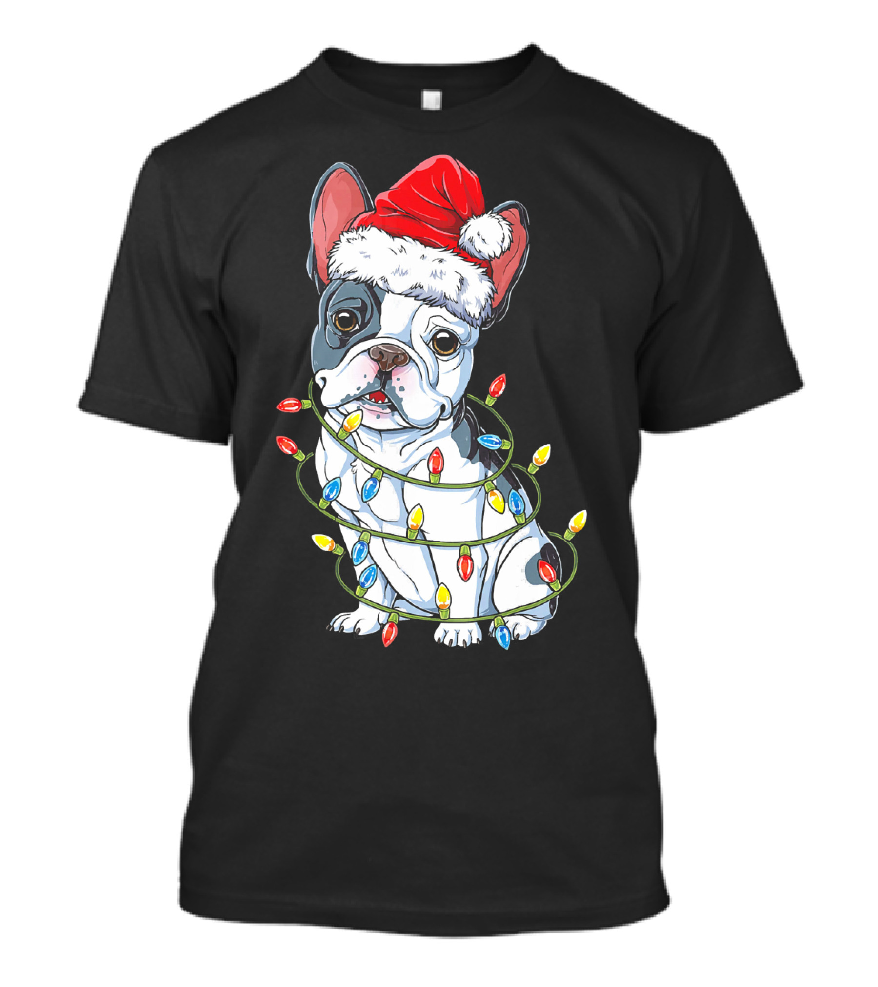 French Bulldog Christmas Santa Hat Festive Lights T-Shirt