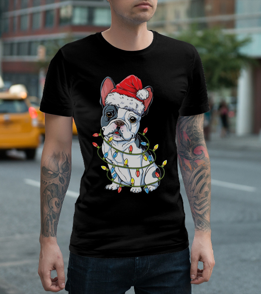 French Bulldog Christmas Santa Hat Festive Lights T-Shirt