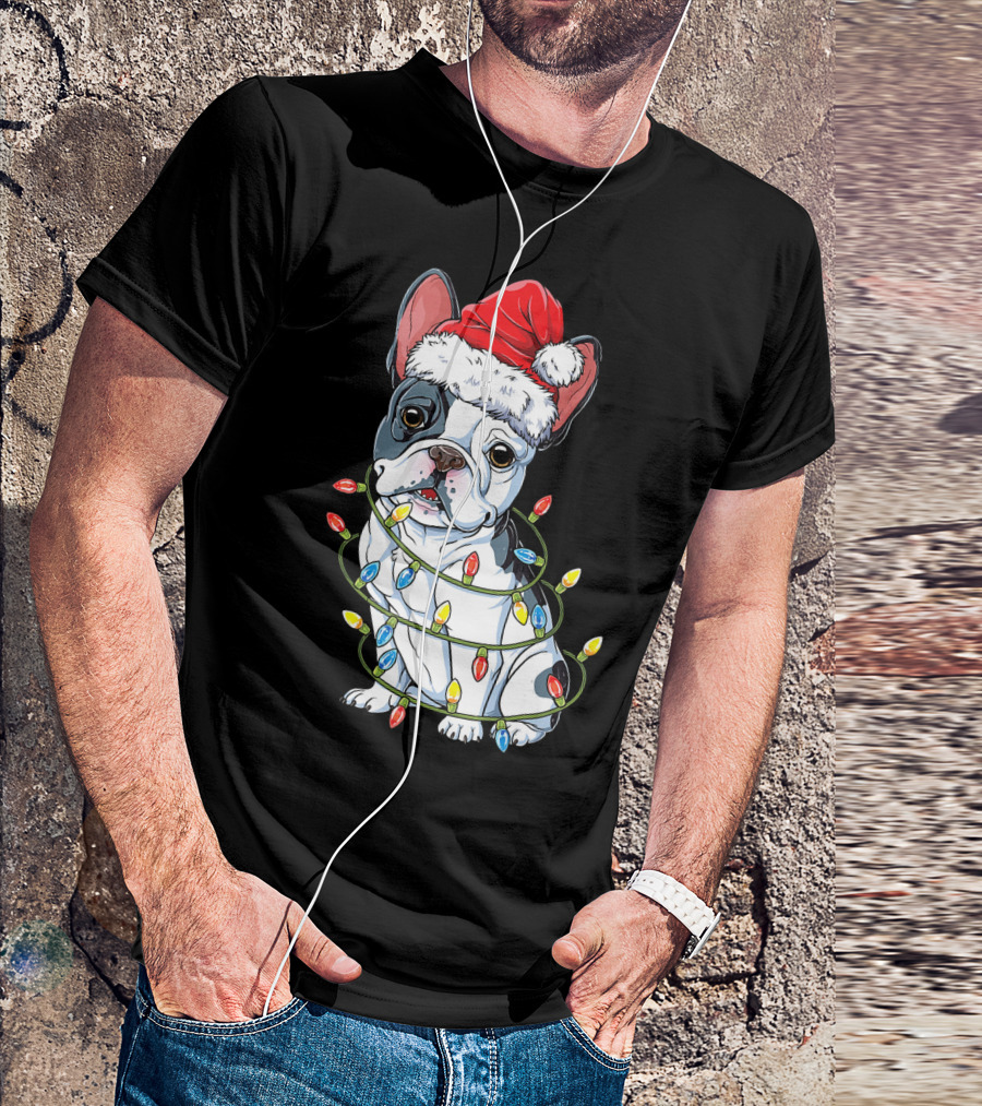 French Bulldog Christmas Santa Hat Festive Lights T-Shirt