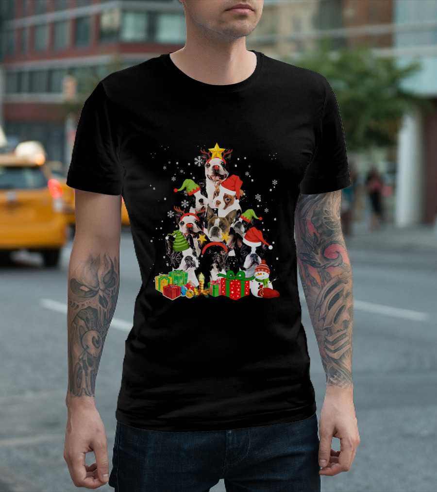 Boston Terrier Christmas Tree With Snowflakes And Gifts T-Shirt