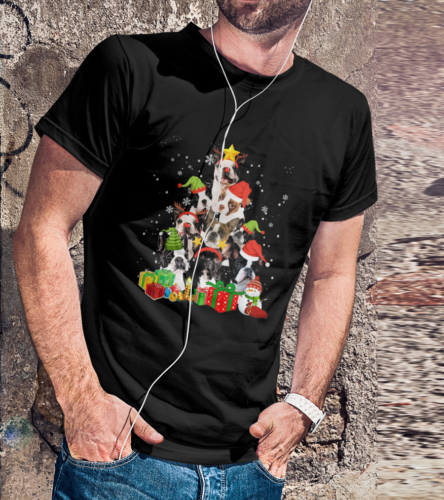 Boston Terrier Christmas Tree With Snowflakes And Gifts T-Shirt