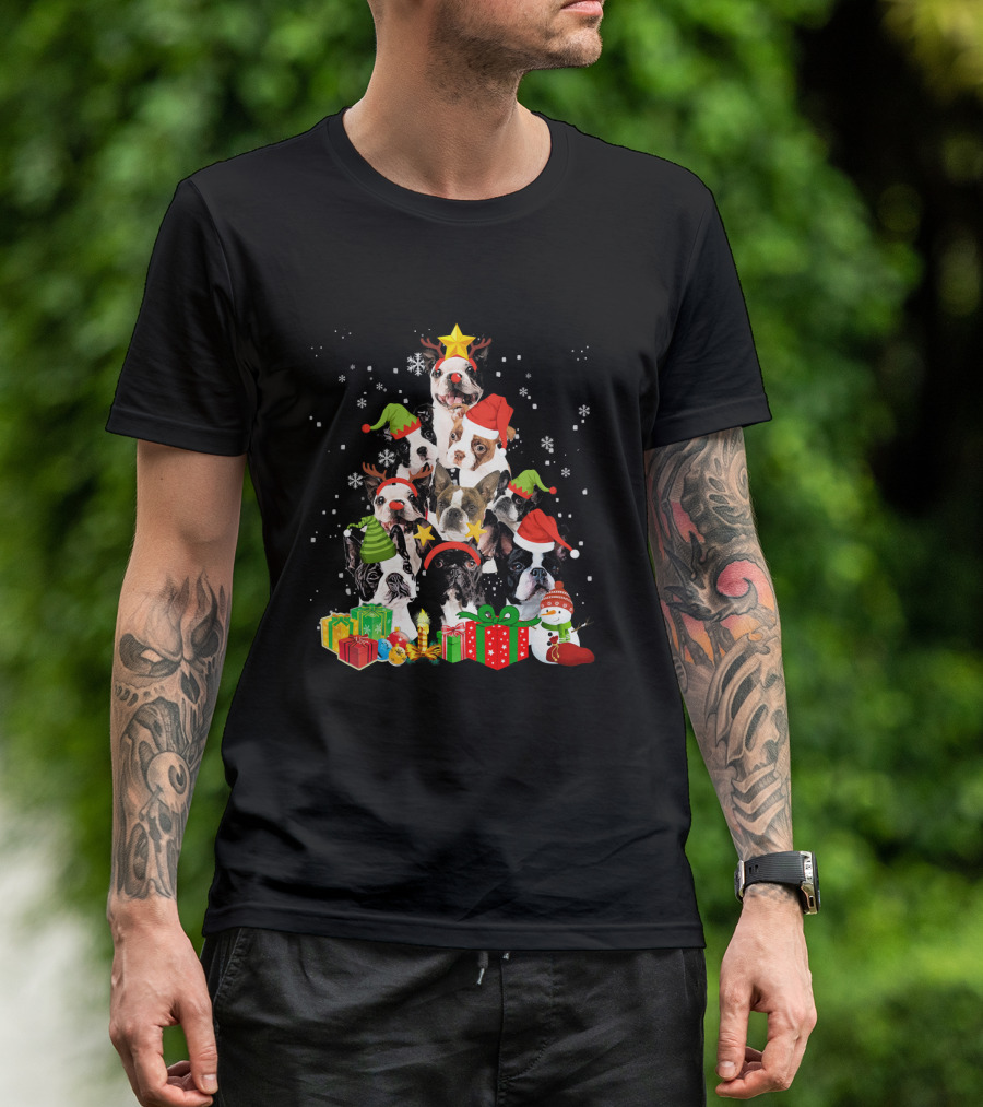 Boston Terrier Christmas Tree With Snowflakes And Gifts T-Shirt