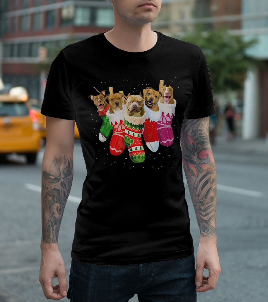 Pit Bull Dogs in Festive Christmas Stockings T-Shirt