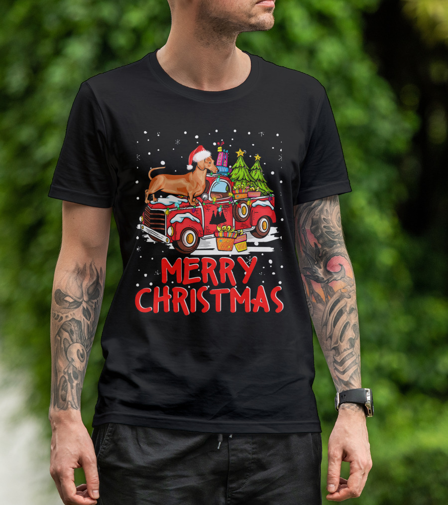 Merry Christmas Dachshund Santa Hat Red Truck With Gifts And Trees T-Shirt