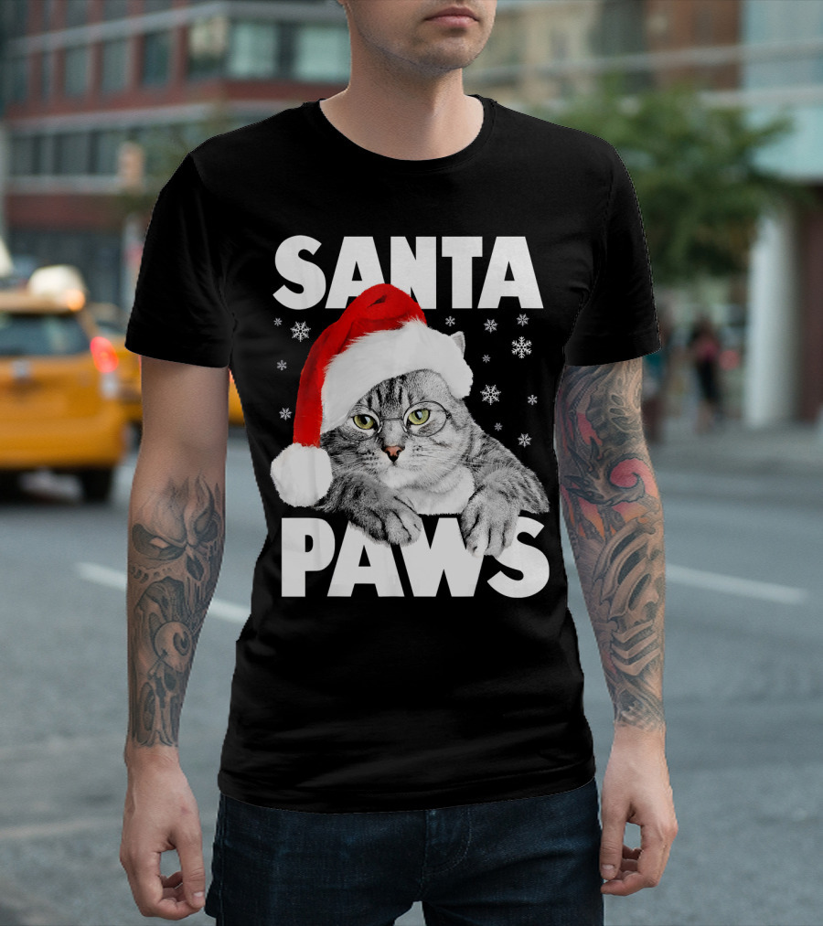 Santa Paws Christmas Kitty Cat Funny Graphic Snowflakes Hat T-Shirt