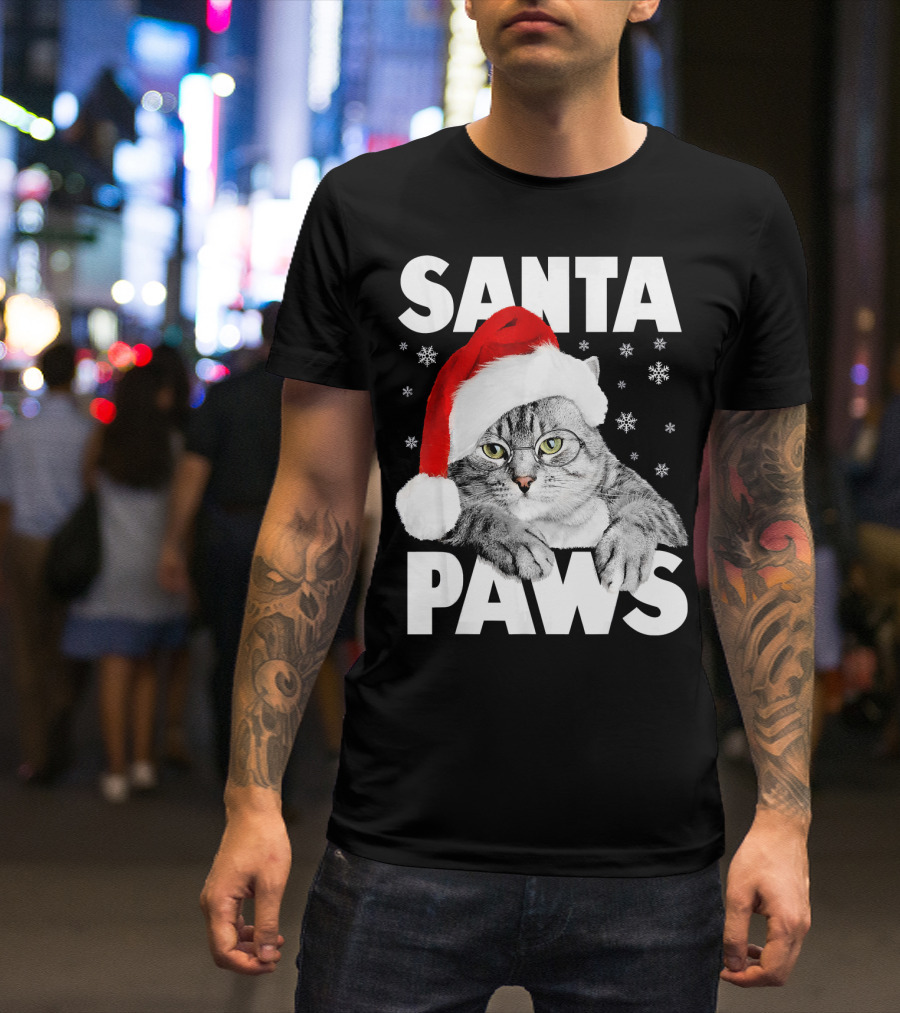 Santa Paws Christmas Kitty Cat Funny Graphic Snowflakes Hat T-Shirt