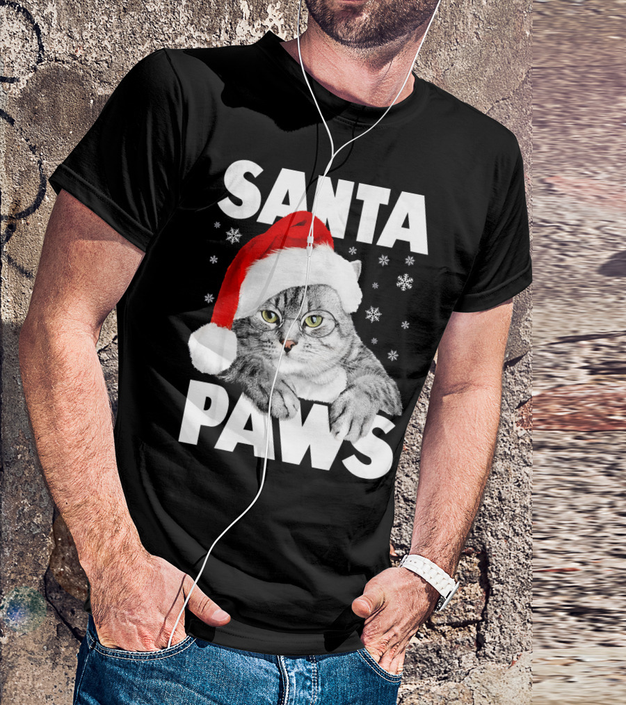 Santa Paws Christmas Kitty Cat Funny Graphic Snowflakes Hat T-Shirt