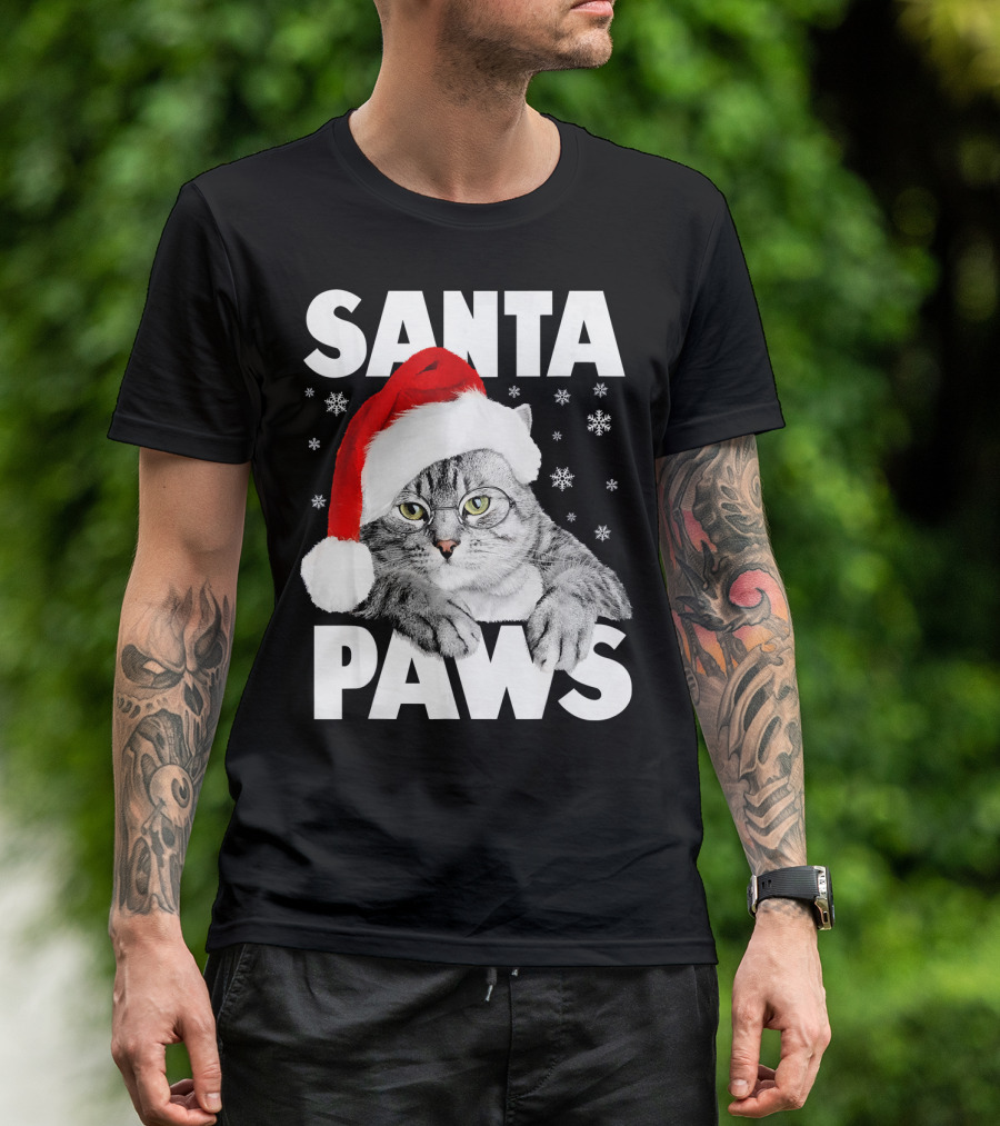 Santa Paws Christmas Kitty Cat Funny Graphic Snowflakes Hat T-Shirt