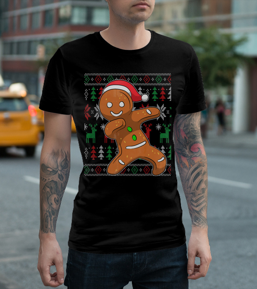 Ugly Christmas Sweater Dabbing Gingerbread Man Santa Hat Holiday T-Shirt