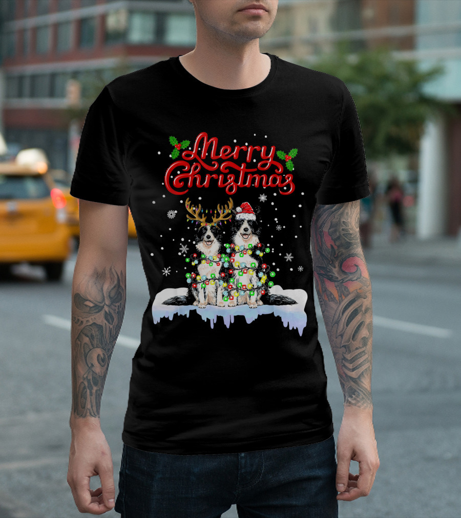 Merry Christmas Border Collie Christmas Lights Funny Dog Santa Reindeer T-Shirt