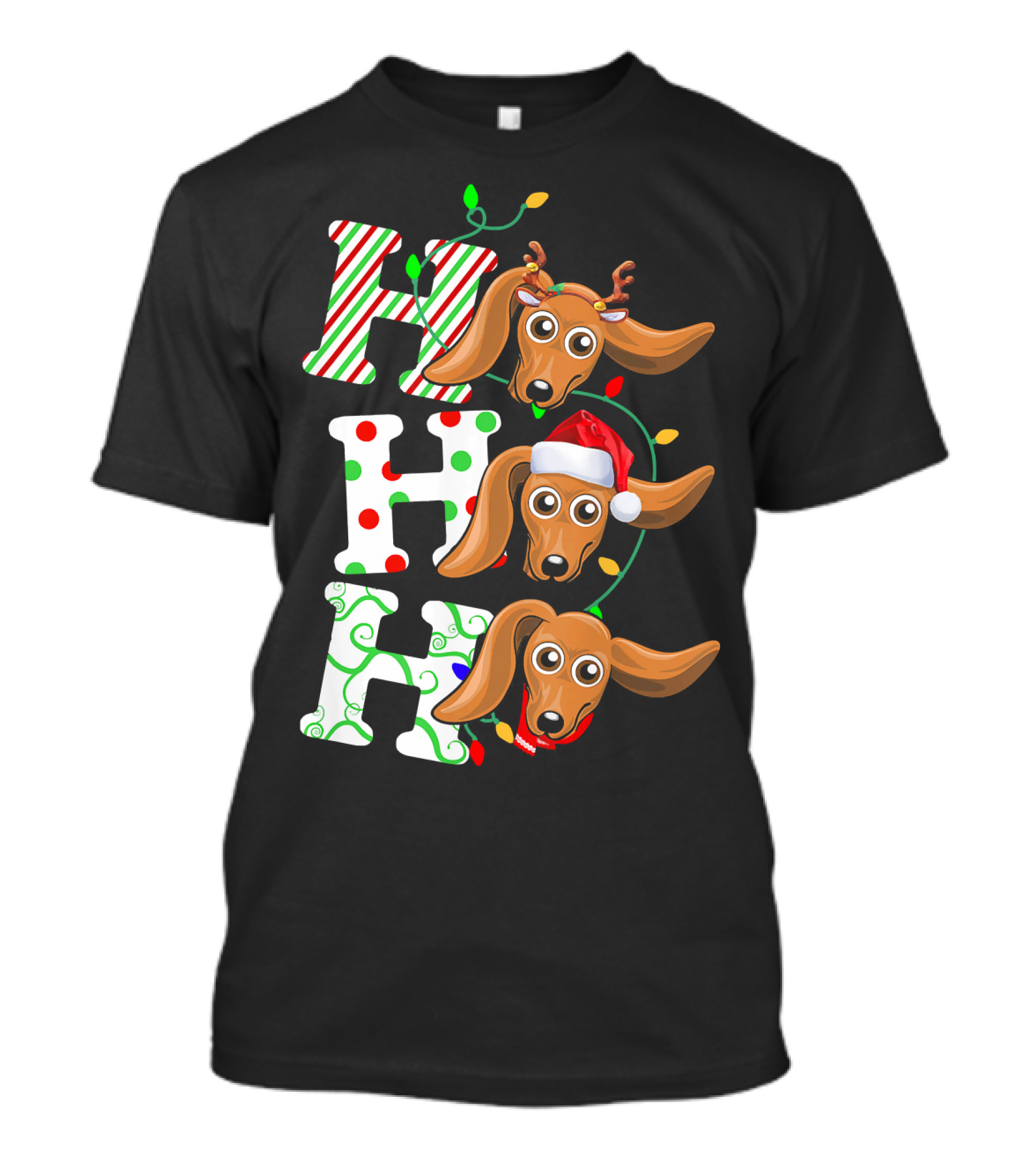Dachshund Ho Ho Ho Reindeer Antlers Santa Hat Christmas Lights T-Shirt
