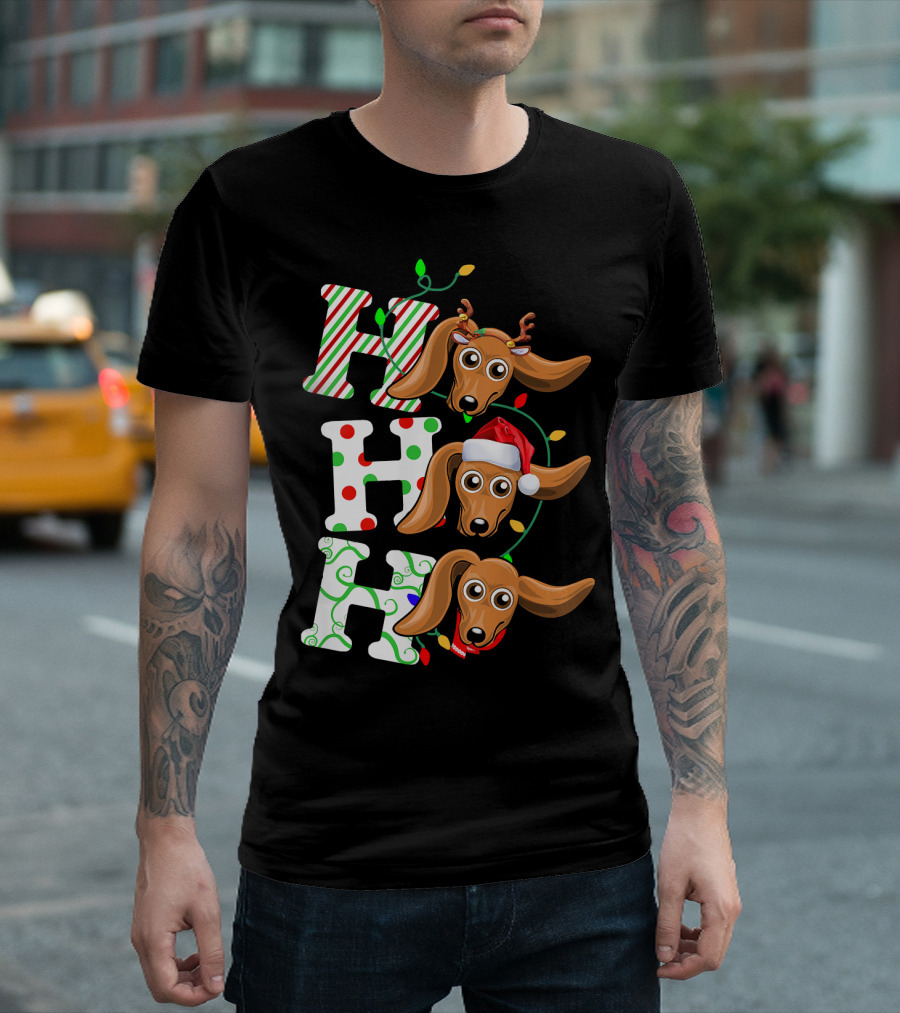 Dachshund Ho Ho Ho Reindeer Antlers Santa Hat Christmas Lights T-Shirt