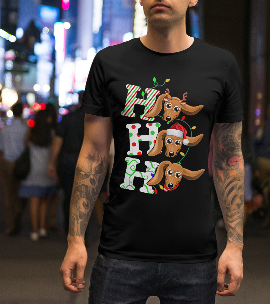 Dachshund Ho Ho Ho Reindeer Antlers Santa Hat Christmas Lights T-Shirt