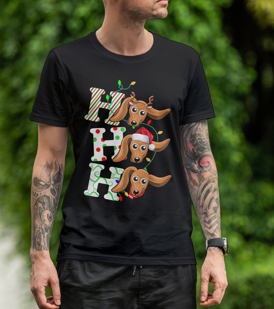 Dachshund Ho Ho Ho Reindeer Antlers Santa Hat Christmas Lights T-Shirt
