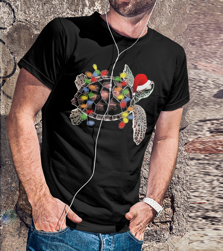 Sea Turtle With Christmas Lights In Santa Hat Merry Chris T-Shirt