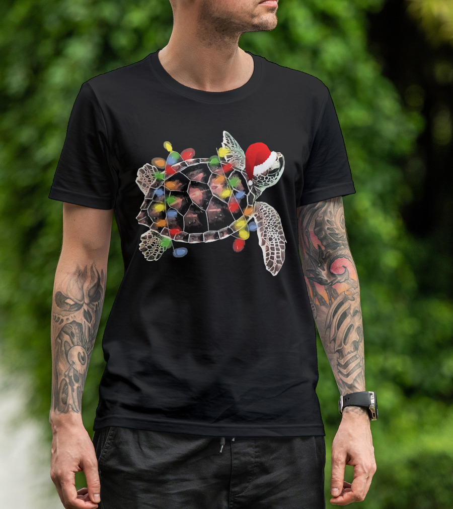 Sea Turtle With Christmas Lights In Santa Hat Merry Chris T-Shirt