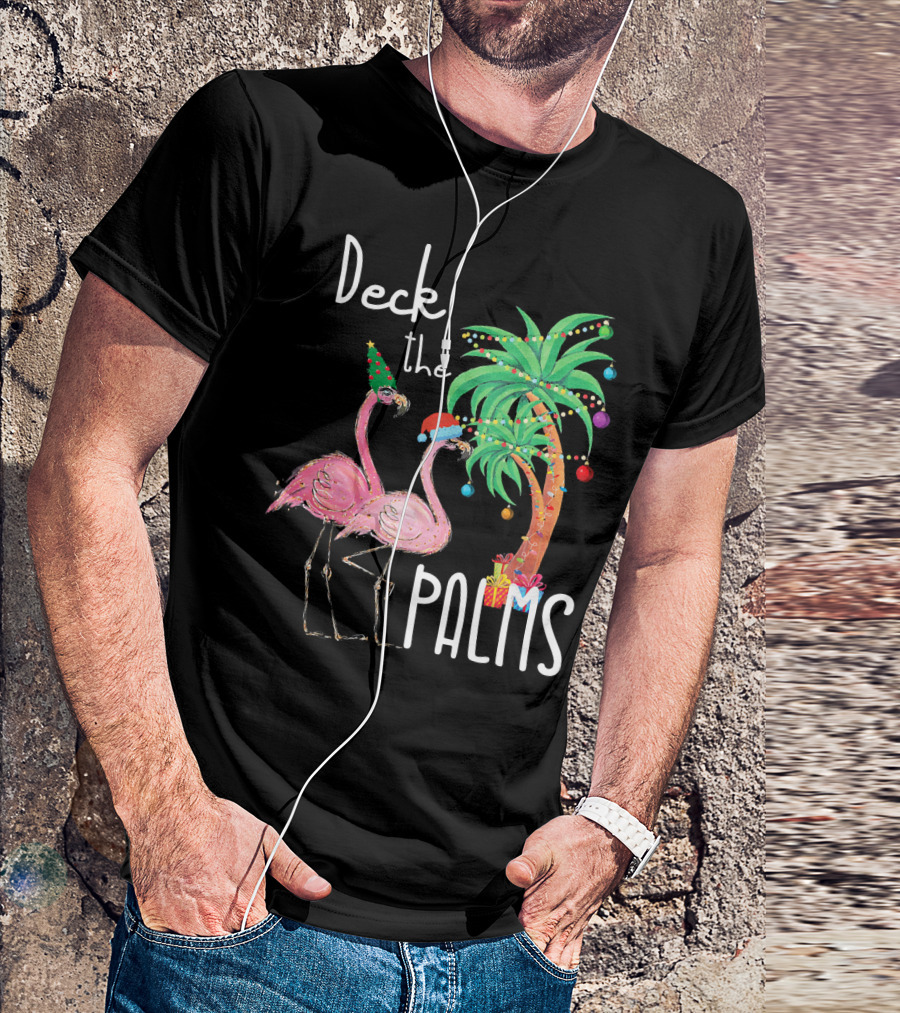 Deck The Palms Christmas Flamingo Family Tropical Holiday Scene T-Shirt