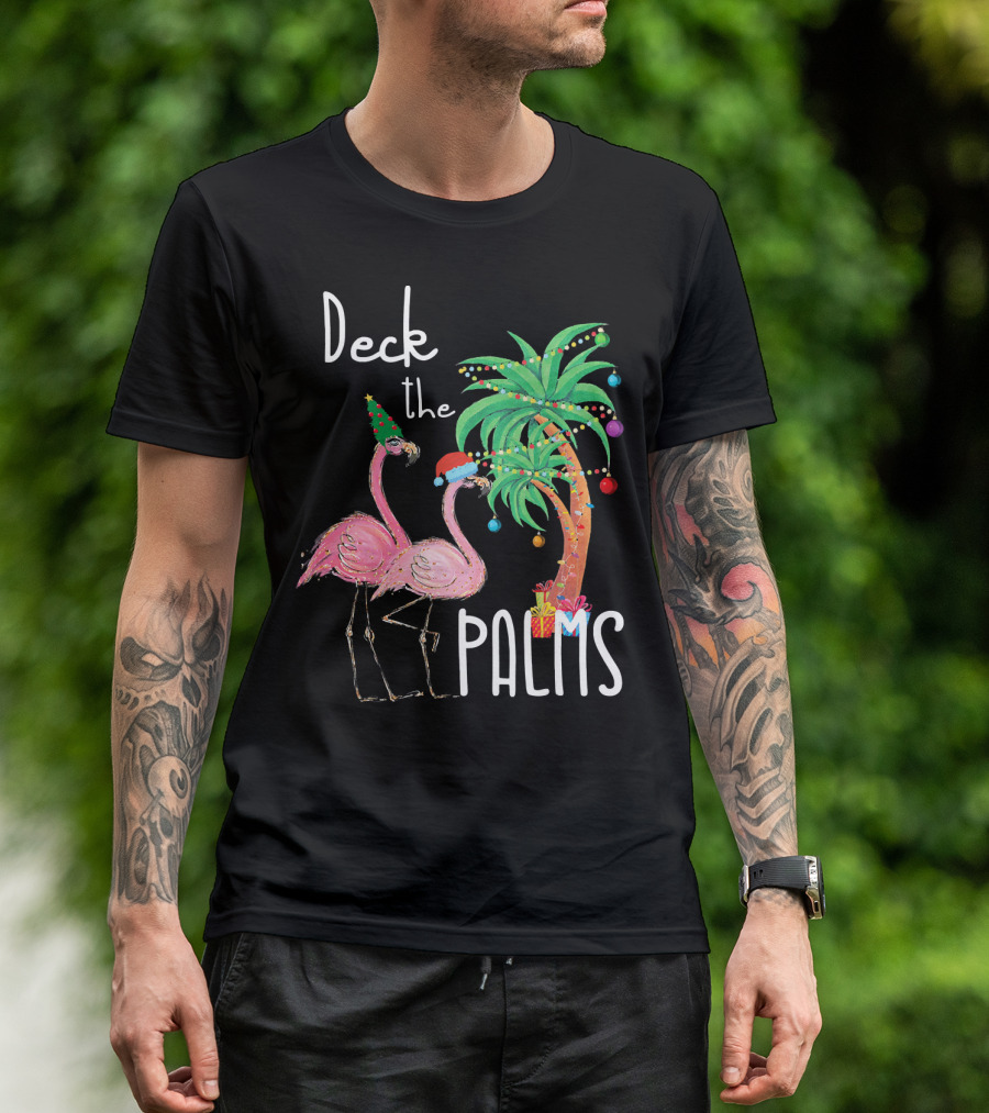Deck The Palms Christmas Flamingo Family Tropical Holiday Scene T-Shirt
