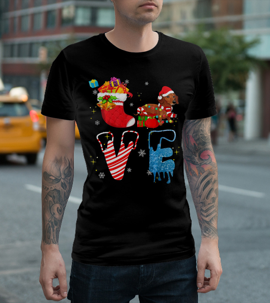 Dachshund Forever Love Merry Christmas Stocking Candy Cane Snowflakes T-Shirt