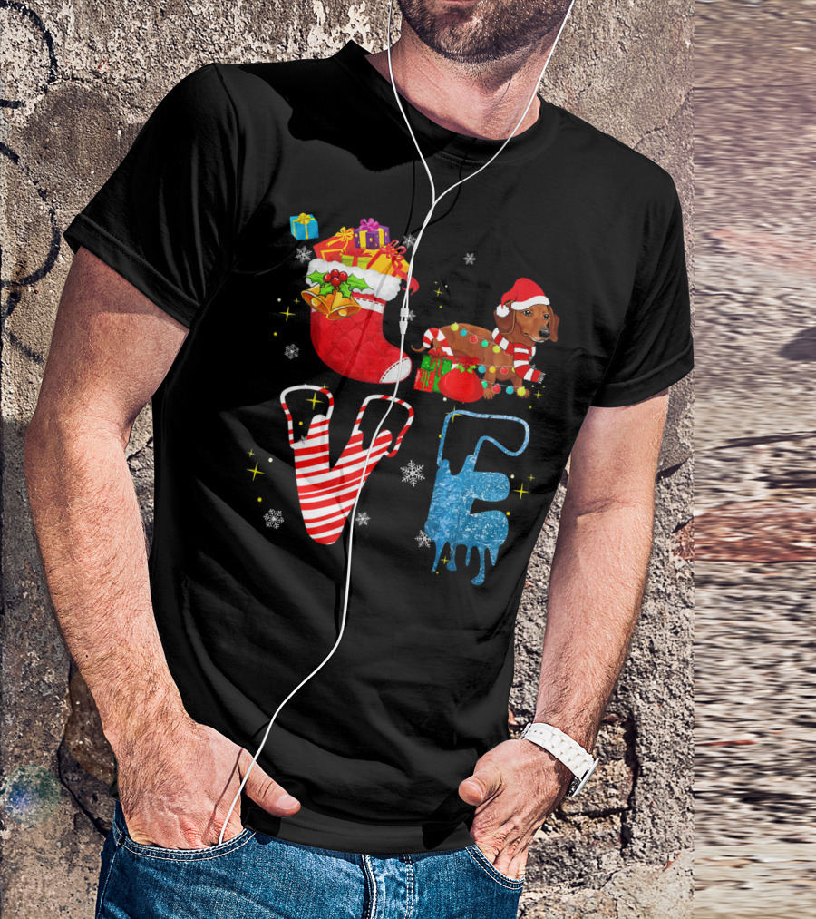 Dachshund Forever Love Merry Christmas Stocking Candy Cane Snowflakes T-Shirt