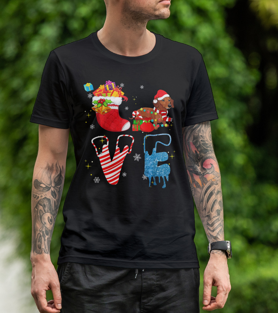 Dachshund Forever Love Merry Christmas Stocking Candy Cane Snowflakes T-Shirt