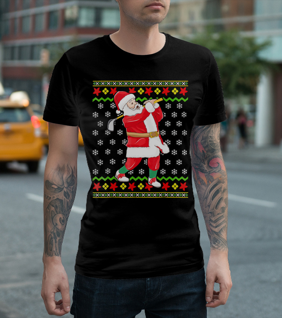 Ugly Christmas Santa Playing Golf Snowflakes T-Shirt