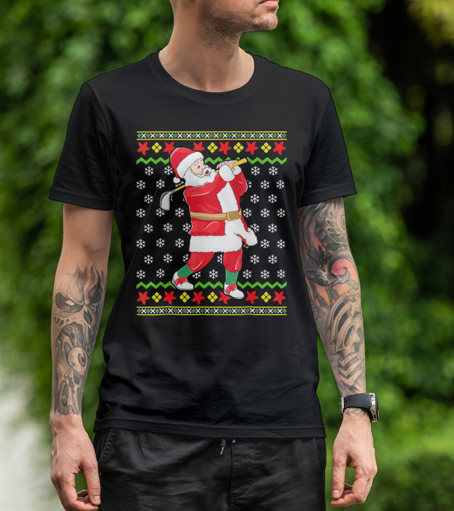 Ugly Christmas Santa Playing Golf Snowflakes T-Shirt