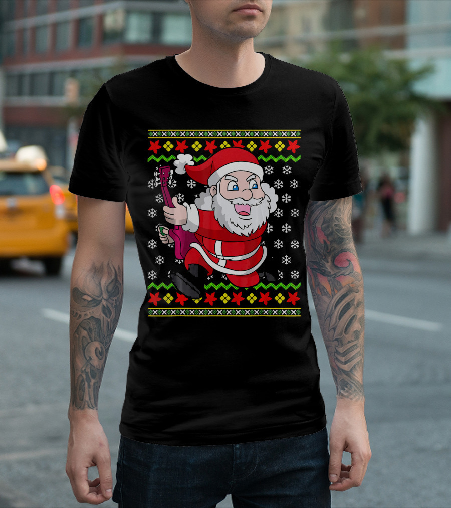 Ugly Christmas Santa Playing Guitar Festive T-Shirt