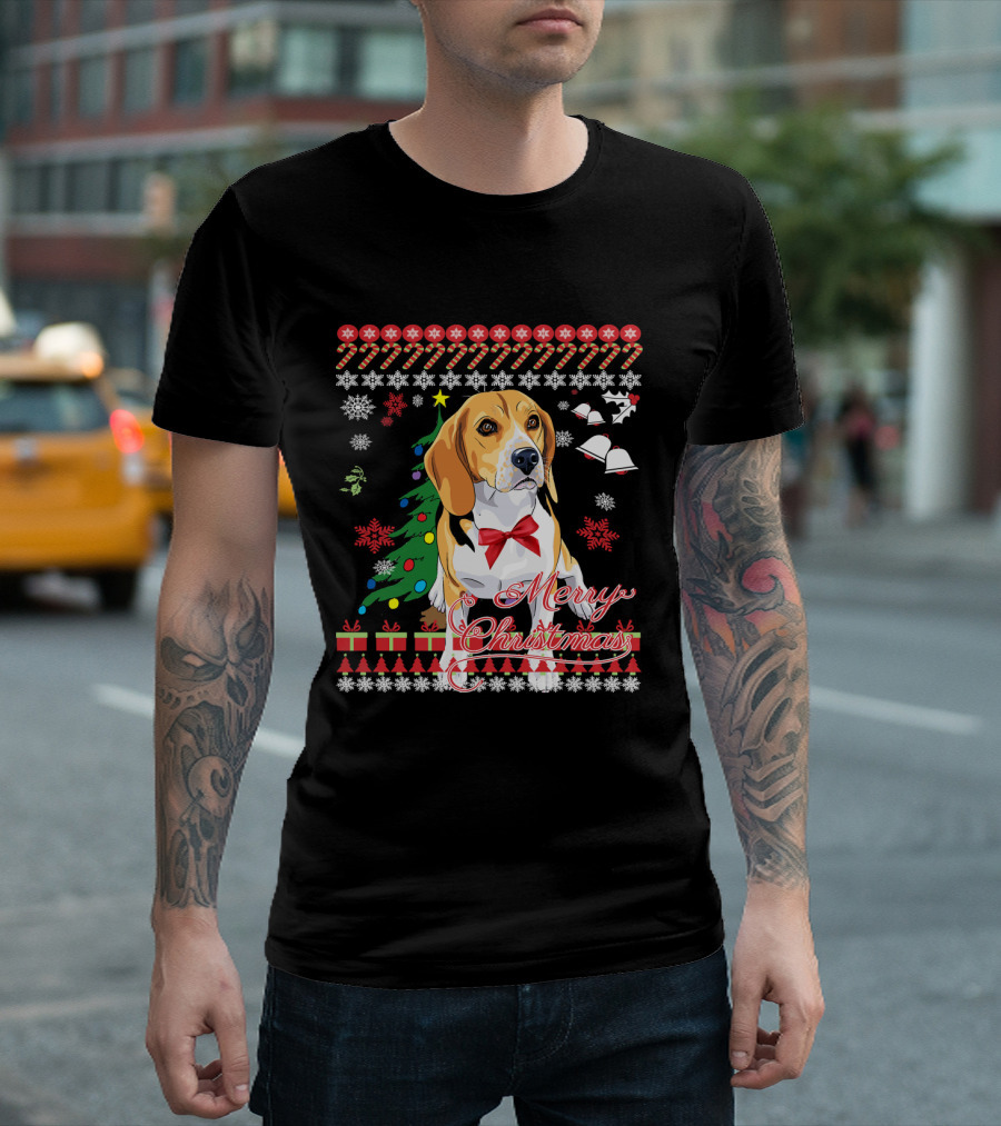 Merry Christmas Beagle with Candy Canes Snowflakes Bells and Gifts T-Shirt