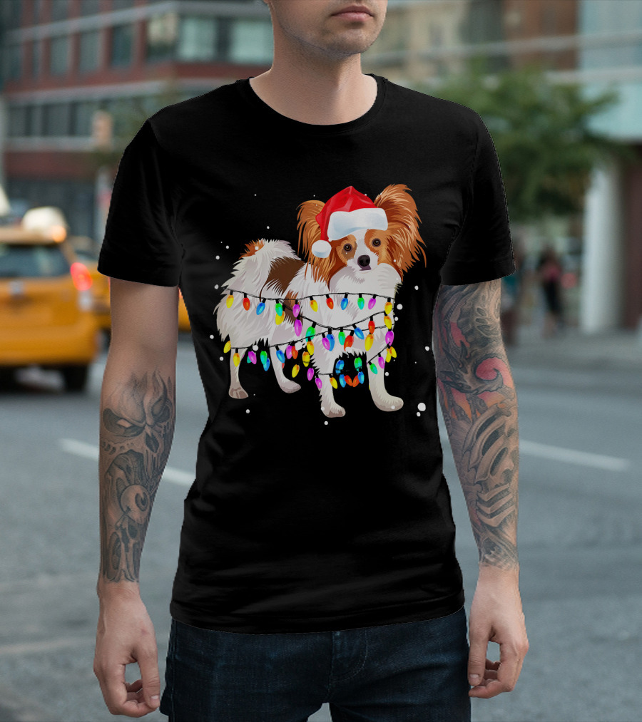 Papillon Dog Wrapped in Colorful Christmas Lights Wearing Santa Hat T-Shirt