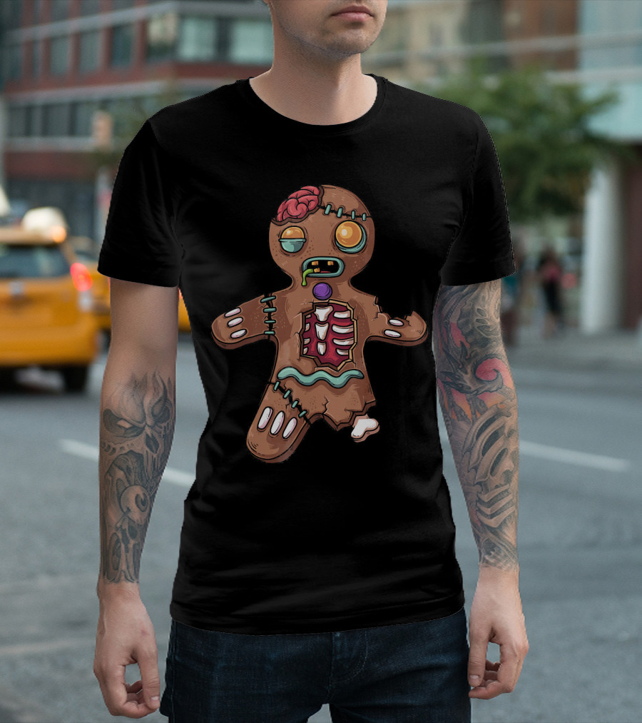 Zombie Christmas Gingerbread Man with Exposed Brain and Candy Bones T-Shirt