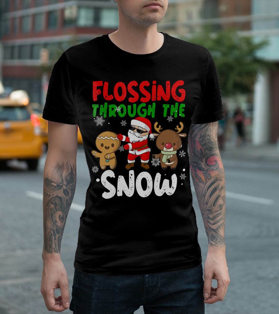 Flossing Through The Snow Santa Gingerbread Reindeer Christmas T-Shirt