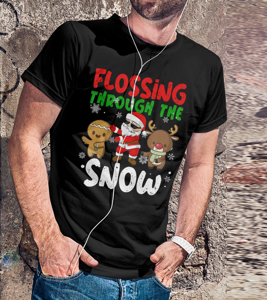 Flossing Through The Snow Santa Gingerbread Reindeer Christmas T-Shirt